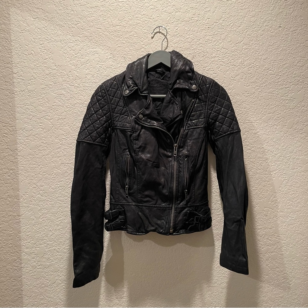 Allsaints Spitalfields “The Walker” black leather  quiled detail moto jacket, 8